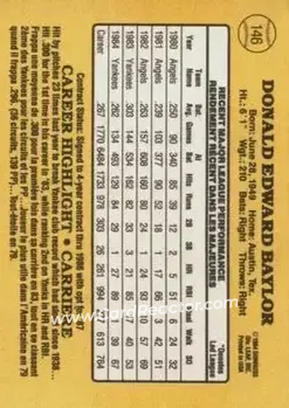 1985 Leaf #146 - Don Baylor - New York Yankees - Back
