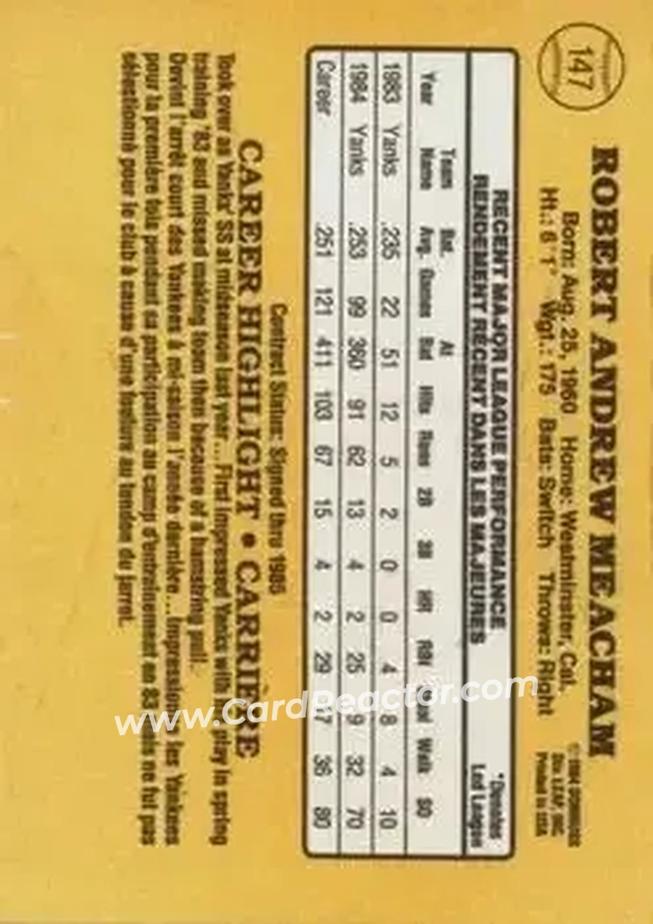 1985 Leaf #147 - Bobby Meacham - New York Yankees - Back