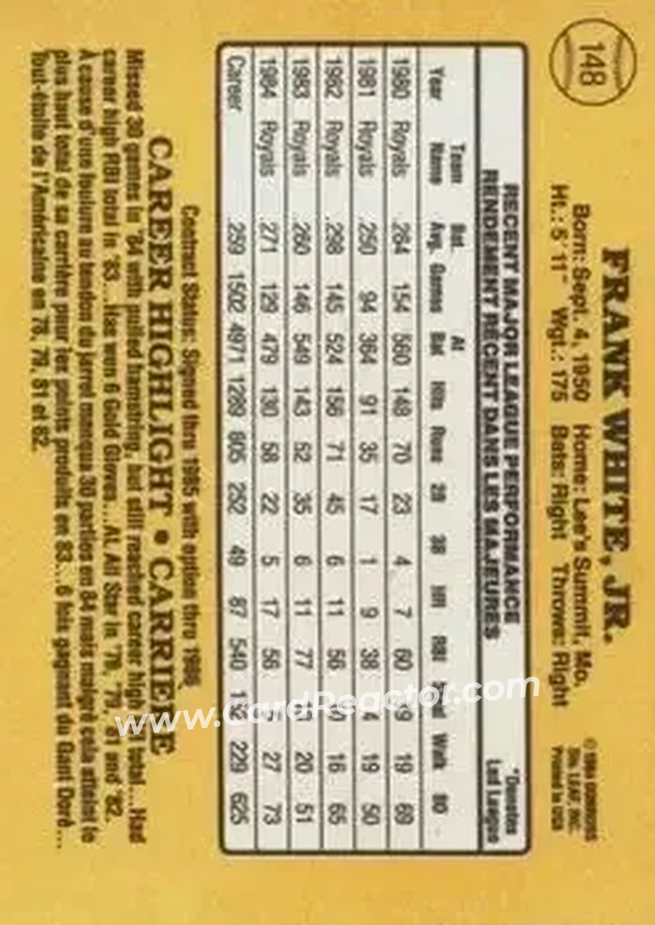 1985 Leaf #148 - Frank White - Kansas City Royals - Back