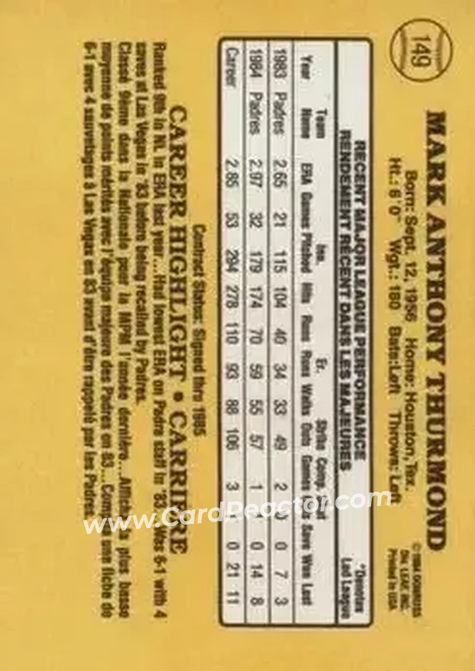 1985 Leaf #149 - Mark Thurmond - San Diego Padres - Back