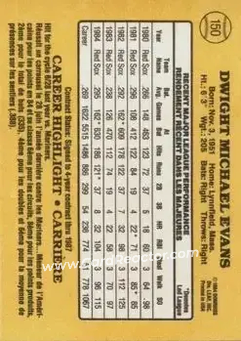 1985 Leaf #150 - Dwight Evans - Boston Red Sox - Back