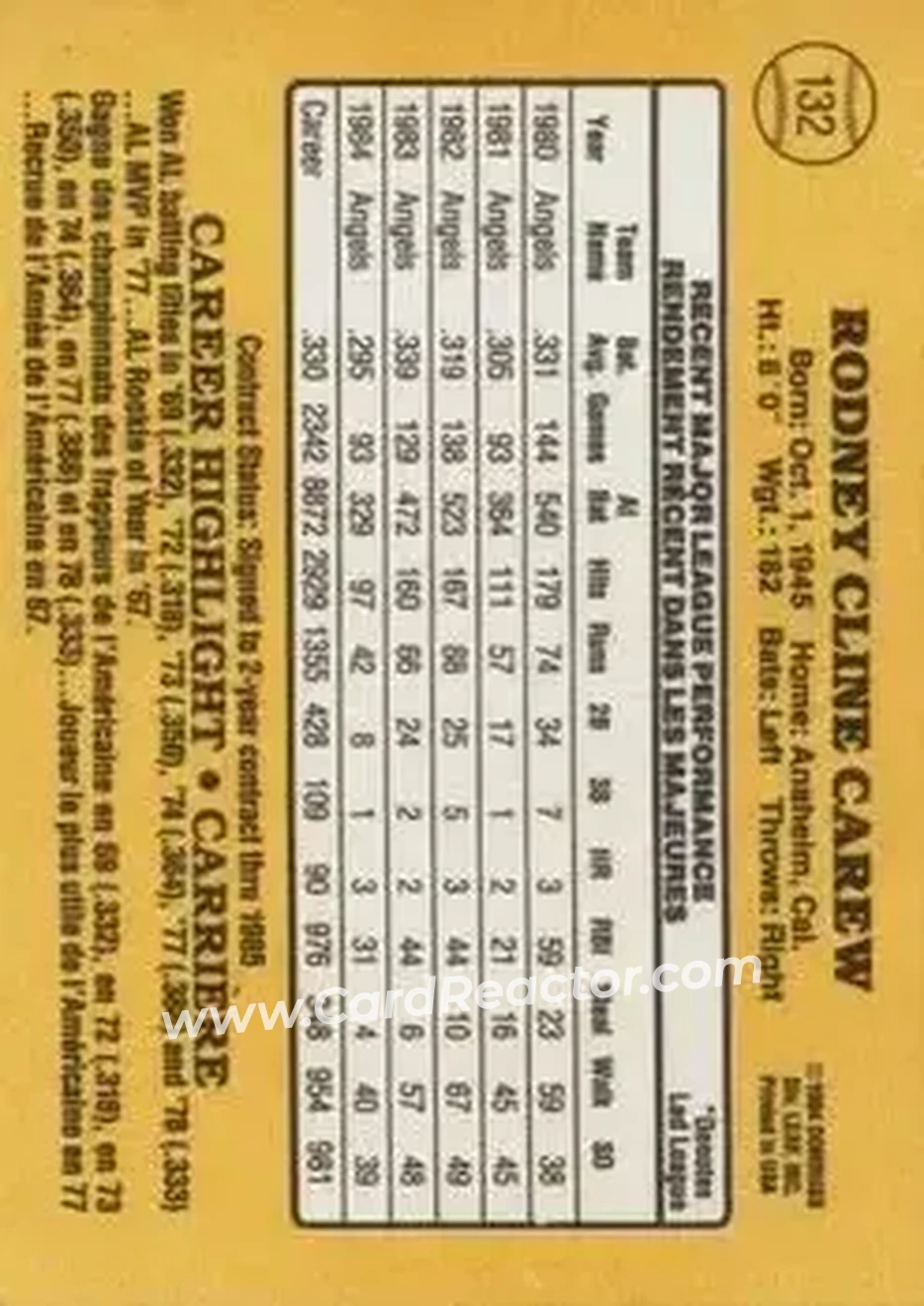 1985 Leaf #132 - Rod Carew - California Angels - Back