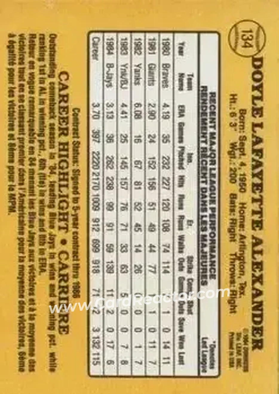 1985 Leaf #134 - Doyle Alexander - Toronto Blue Jays - Back