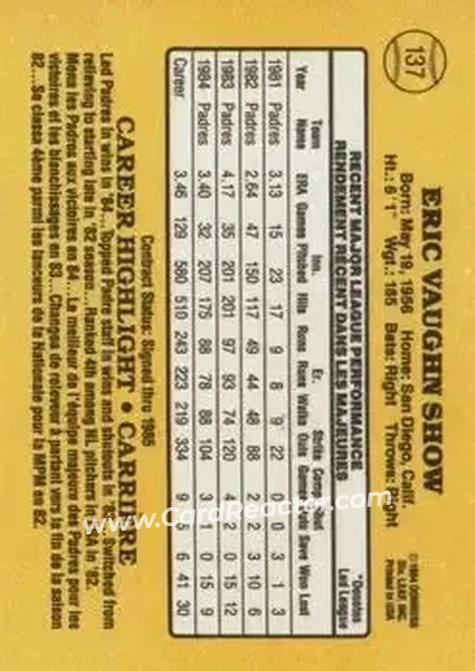 1985 Leaf #137 - Eric Show - San Diego Padres - Back