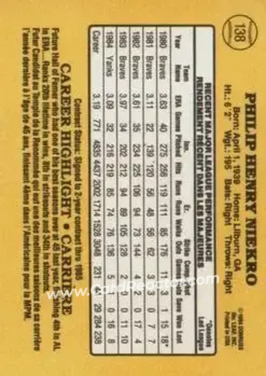 1985 Leaf #138 - Phil Niekro - New York Yankees - Back