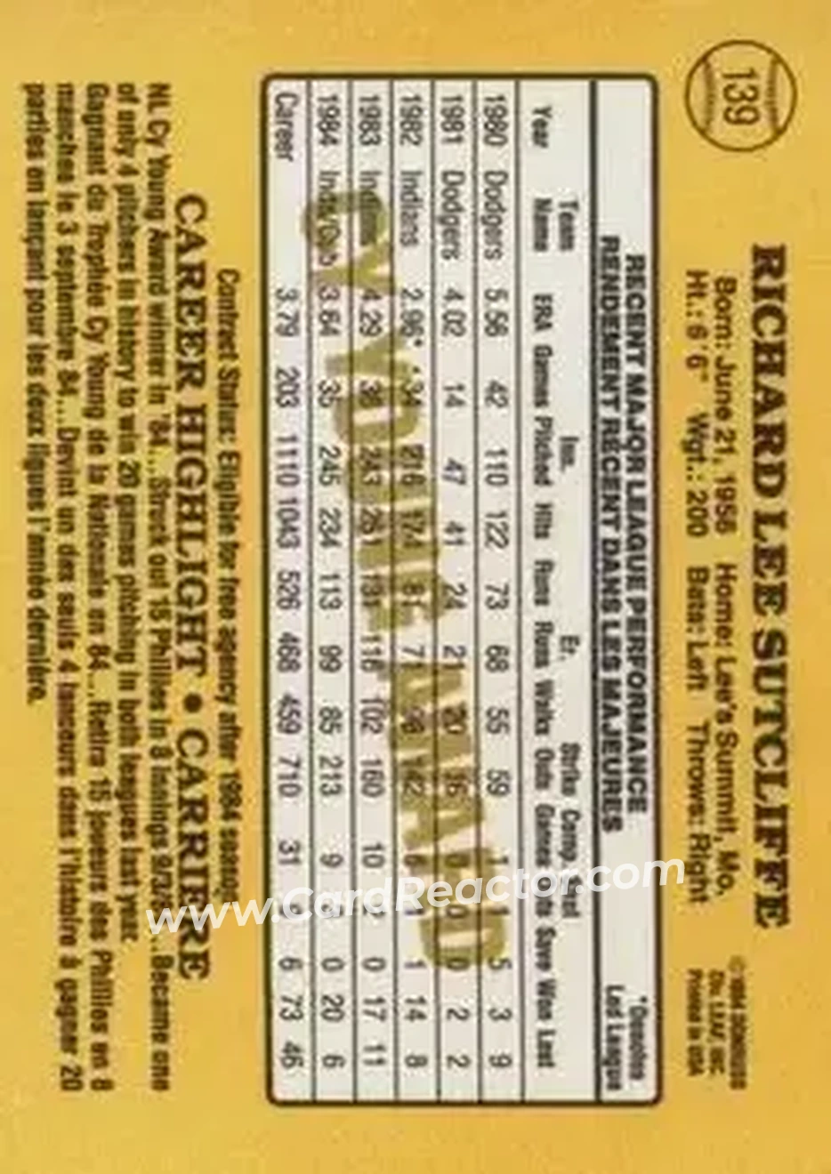 1985 Leaf #139 - Rick Sutcliffe - Chicago Cubs - Back