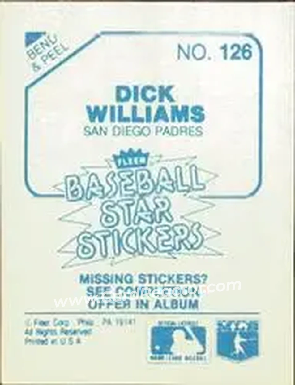 1985 Fleer Star Stickers #126 - Dick Williams - San Diego Padres - Back 1985 Fleer Star Stickers #126 - Dick Williams - San Diego Padres - Back