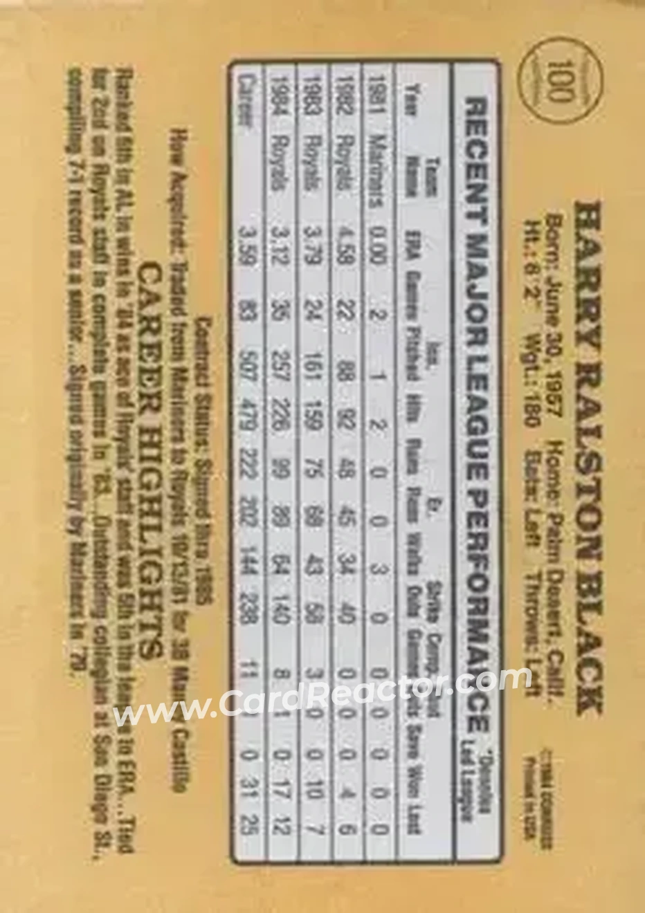 1985 Donruss #100 - Bud Black - Kansas City Royals - Back