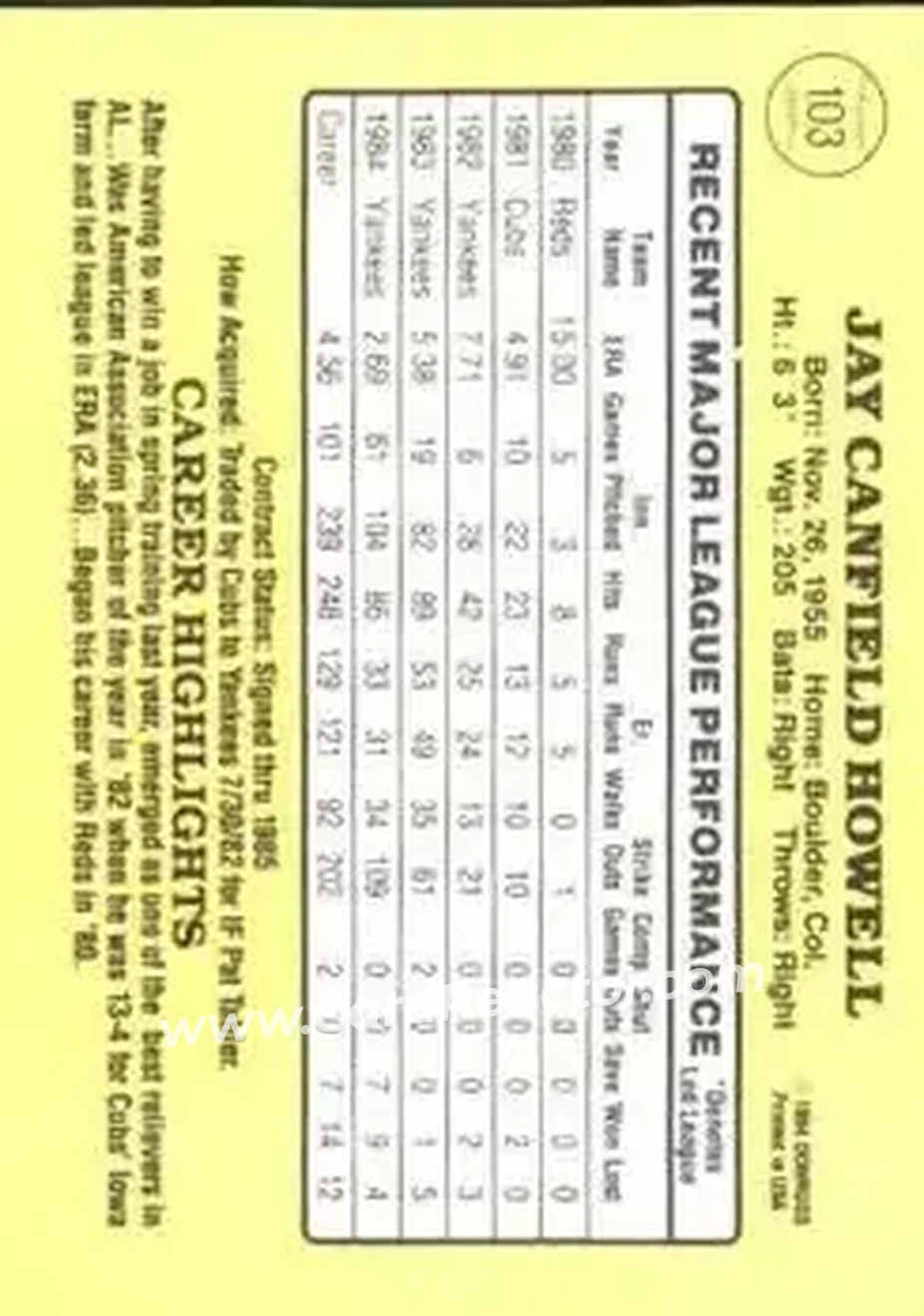 1985 Donruss #103 - Jay Howell - New York Yankees - Back 1985 Donruss #103 - Jay Howell - New York Yankees - Back