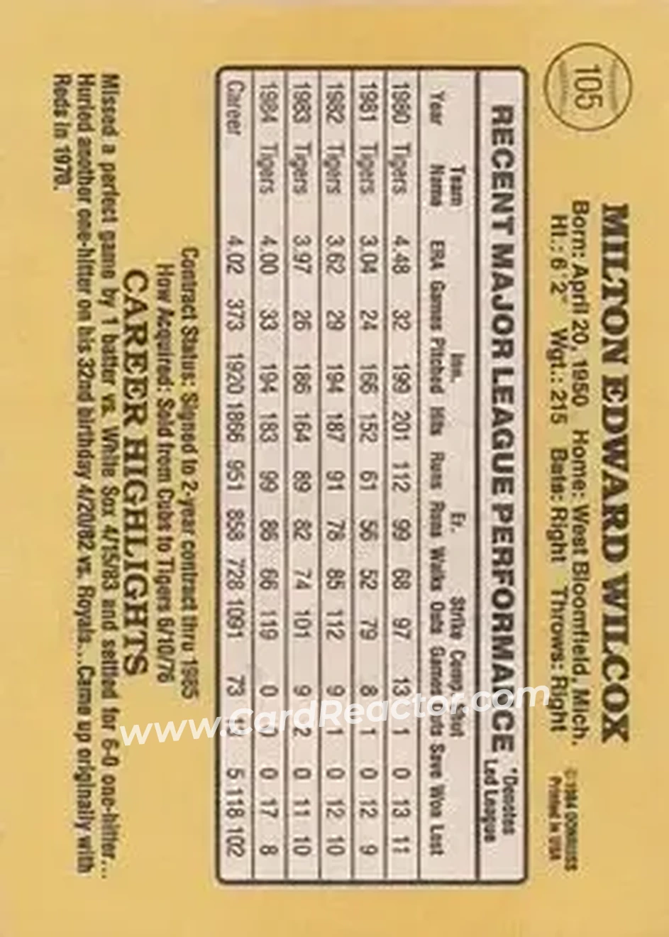 1985 Donruss #105 - Milt Wilcox - Detroit Tigers - Back 1985 Donruss #105 - Milt Wilcox - Detroit Tigers - Back