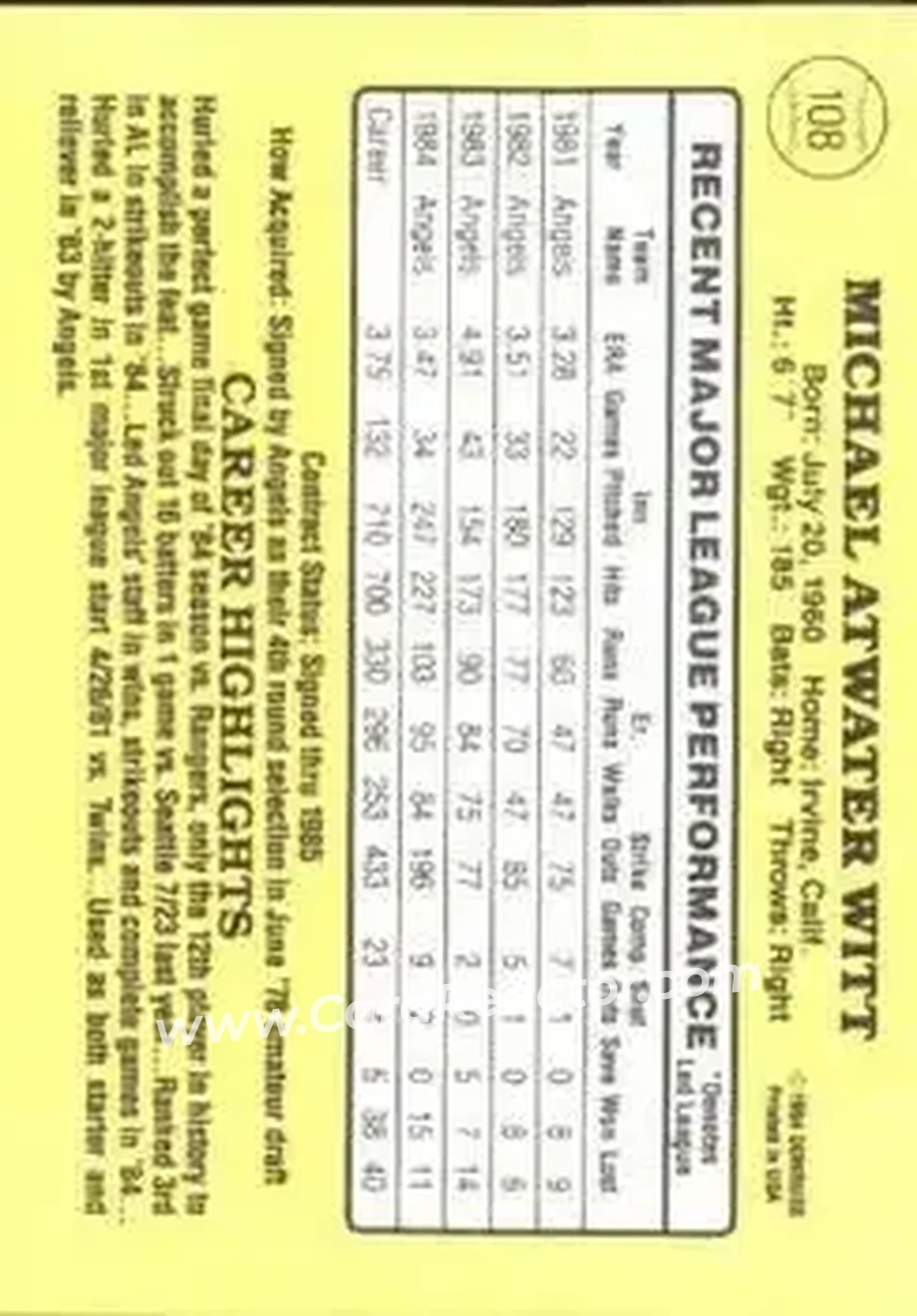 1985 Donruss #108 - Mike Witt - California Angels - Back