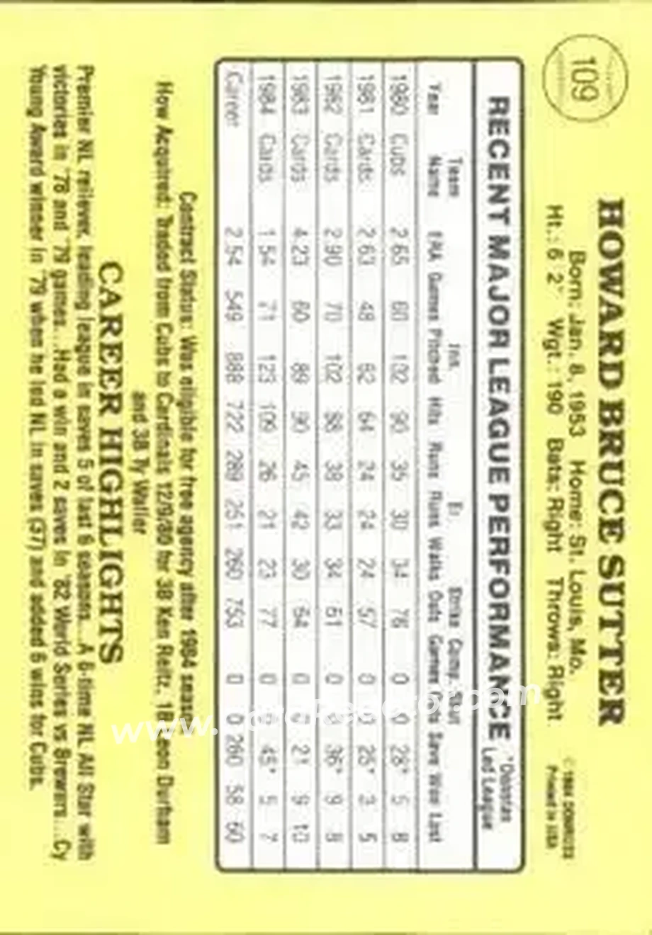 1985 Donruss #109 - Bruce Sutter - St. Louis Cardinals - Back