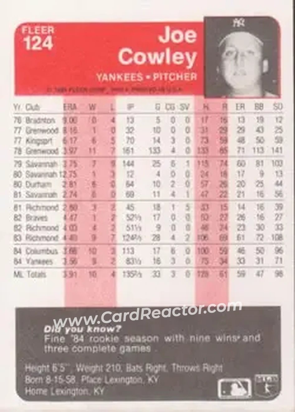 1985 Fleer #124 - Joe Cowley - New York Yankees - Back