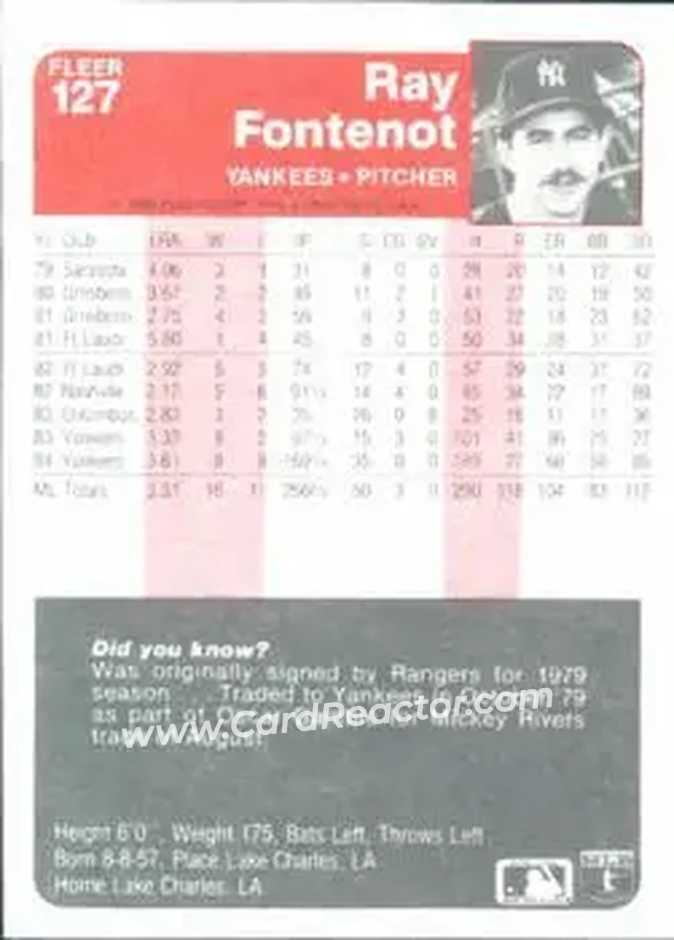 1985 Fleer #127 - Ray Fontenot - New York Yankees - Back 1985 Fleer #127 - Ray Fontenot - New York Yankees - Back