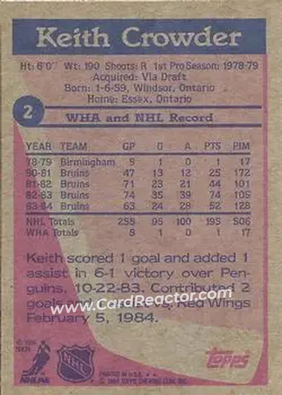 1984-85 Topps #2 - Keith Crowder - Boston Bruins - Back