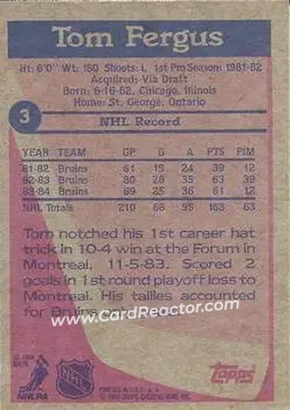 1984-85 Topps #3 - Tom Fergus - Boston Bruins - Back