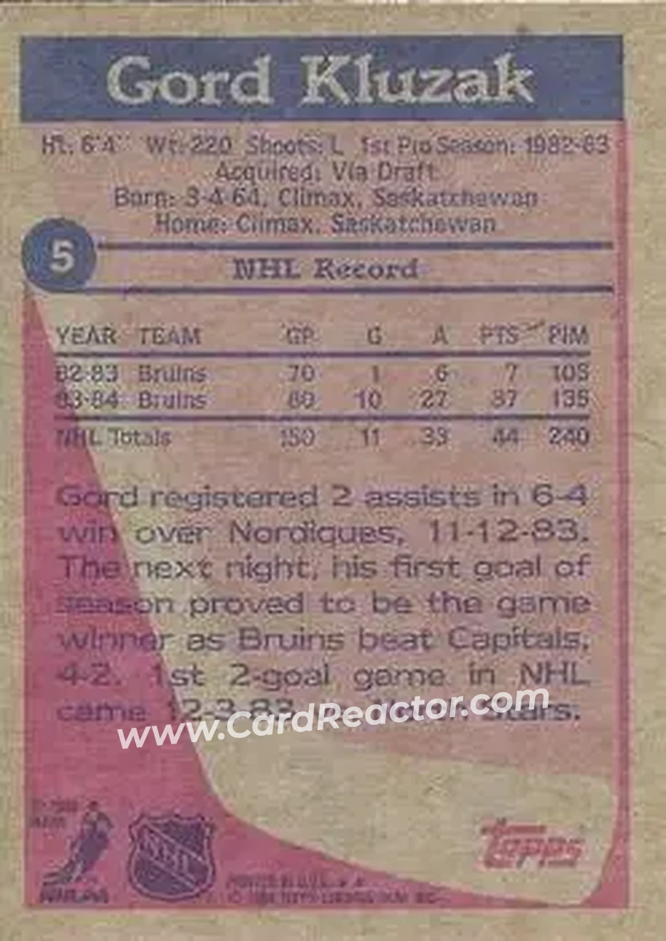 1984-85 Topps #5 - Gord Kluzak - Boston Bruins - Back 1984-85 Topps #5 - Gord Kluzak - Boston Bruins - Back