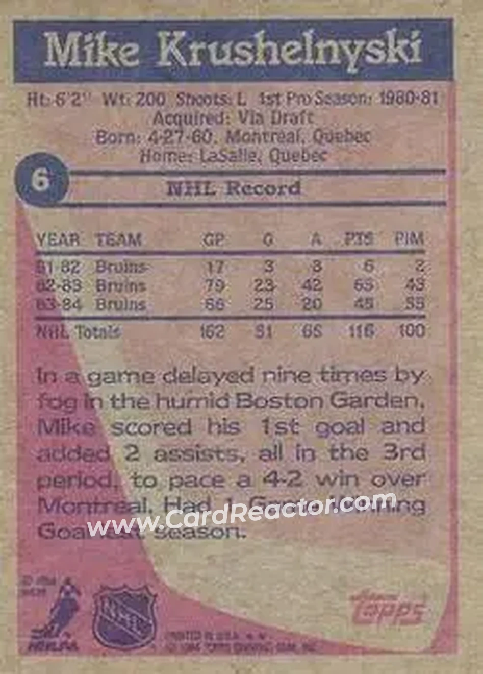 1984-85 Topps #6 - Mike Krushelnyski - Boston Bruins - Back