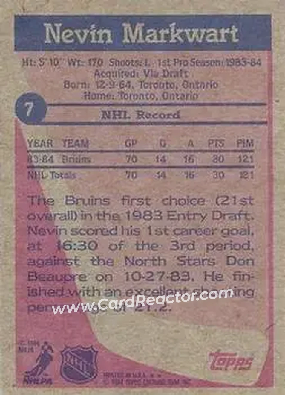 1984-85 Topps #7 - Nevin Markwart - Boston Bruins - Back
