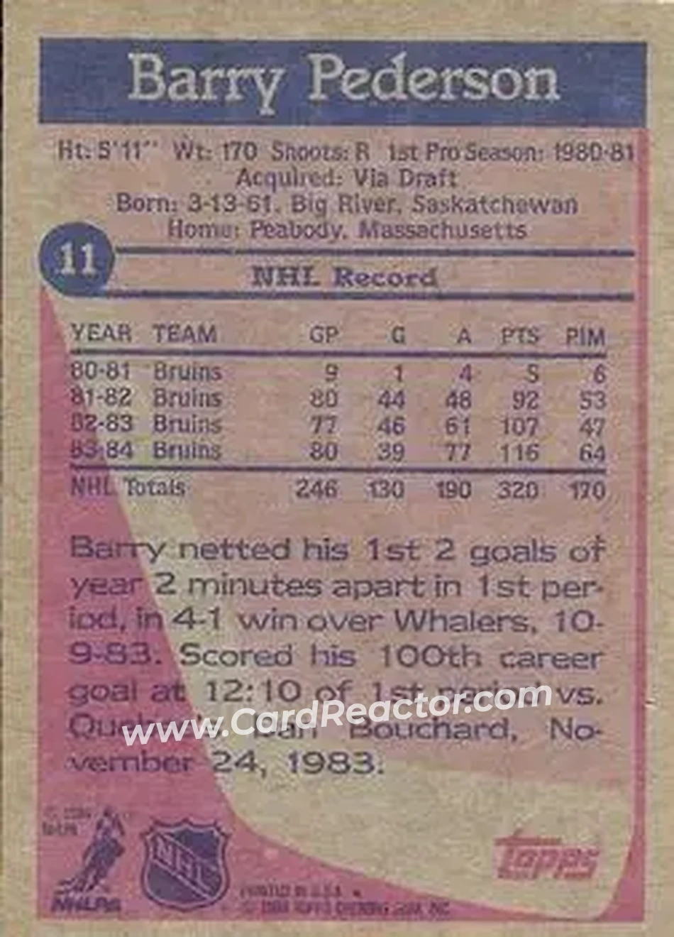 1984-85 Topps #11 - Barry Pederson - Boston Bruins - Back