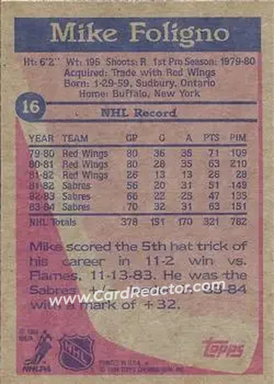 1984-85 Topps #16 - Mike Foligno - Buffalo Sabres - Back 1984-85 Topps #16 - Mike Foligno - Buffalo Sabres - Back