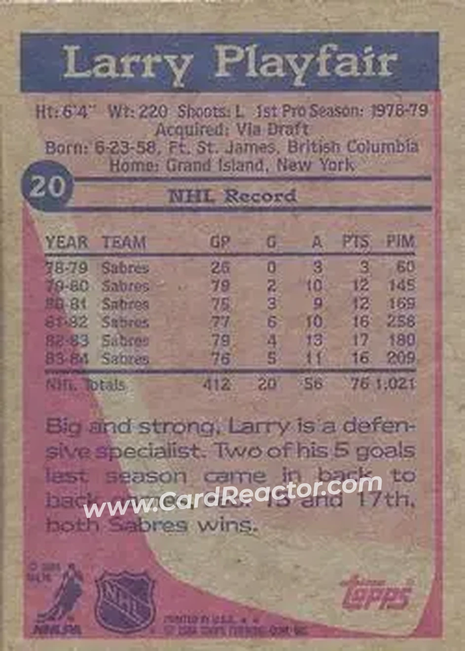 1984-85 Topps #20 - Larry Playfair - Buffalo Sabres - Back 1984-85 Topps #20 - Larry Playfair - Buffalo Sabres - Back