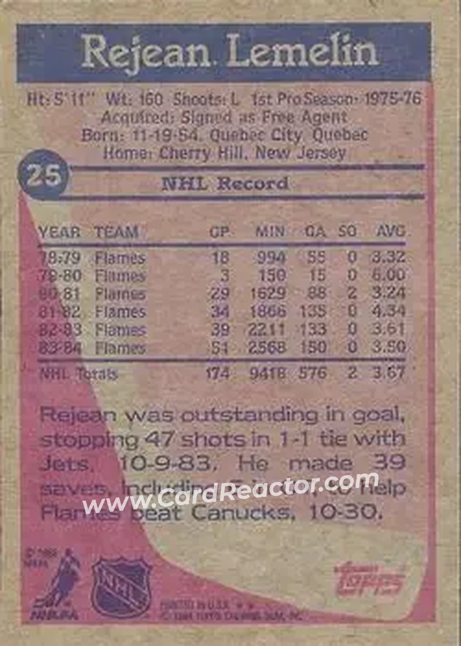 1984-85 Topps #25 - Rejean Lemelin - Calgary Flames - Back 1984-85 Topps #25 - Rejean Lemelin - Calgary Flames - Back