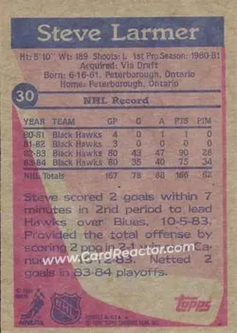 1984-85 Topps #30 - Steve Larmer - Chicago Blackhawks - Back