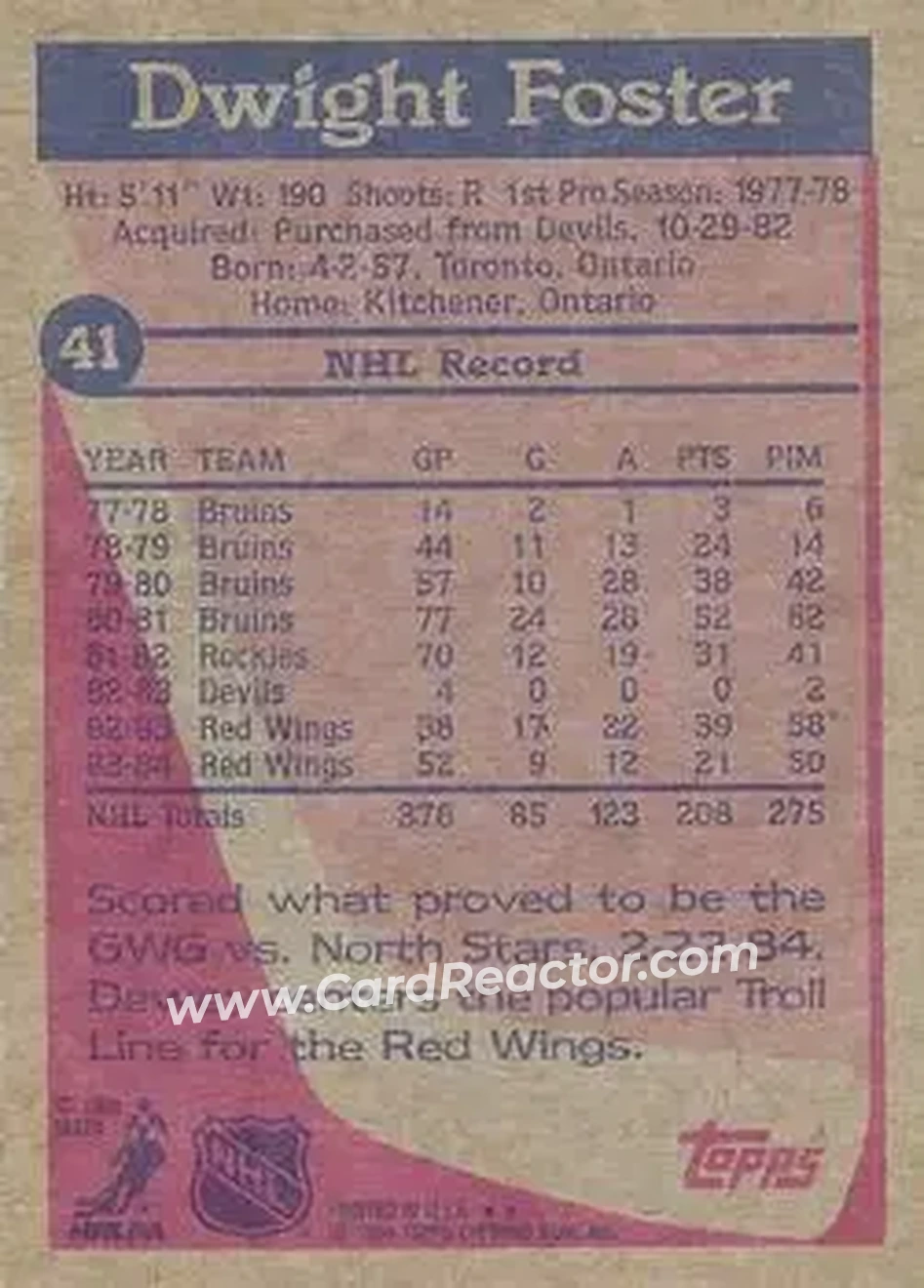 1984-85 Topps #41 - Dwight Foster - Detroit Red Wings - Back 1984-85 Topps #41 - Dwight Foster - Detroit Red Wings - Back