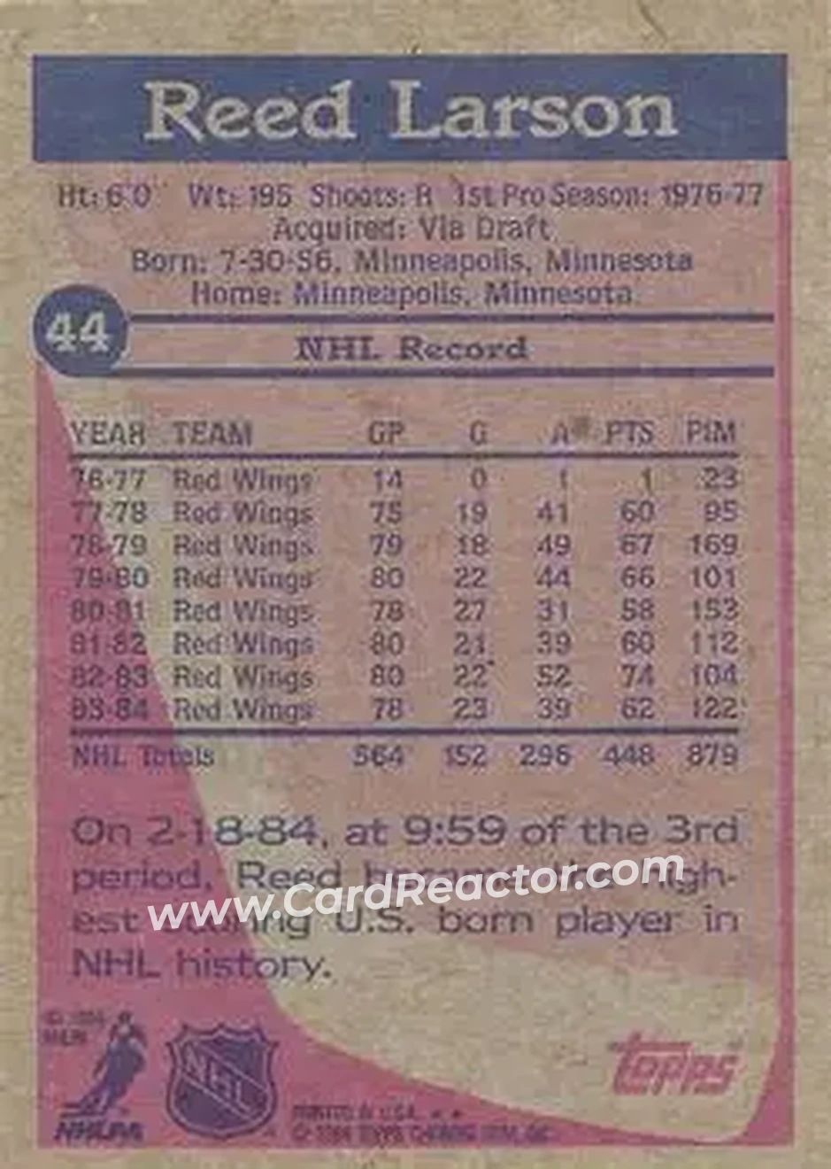 1984-85 Topps #44 - Reed Larson - Detroit Red Wings - Back