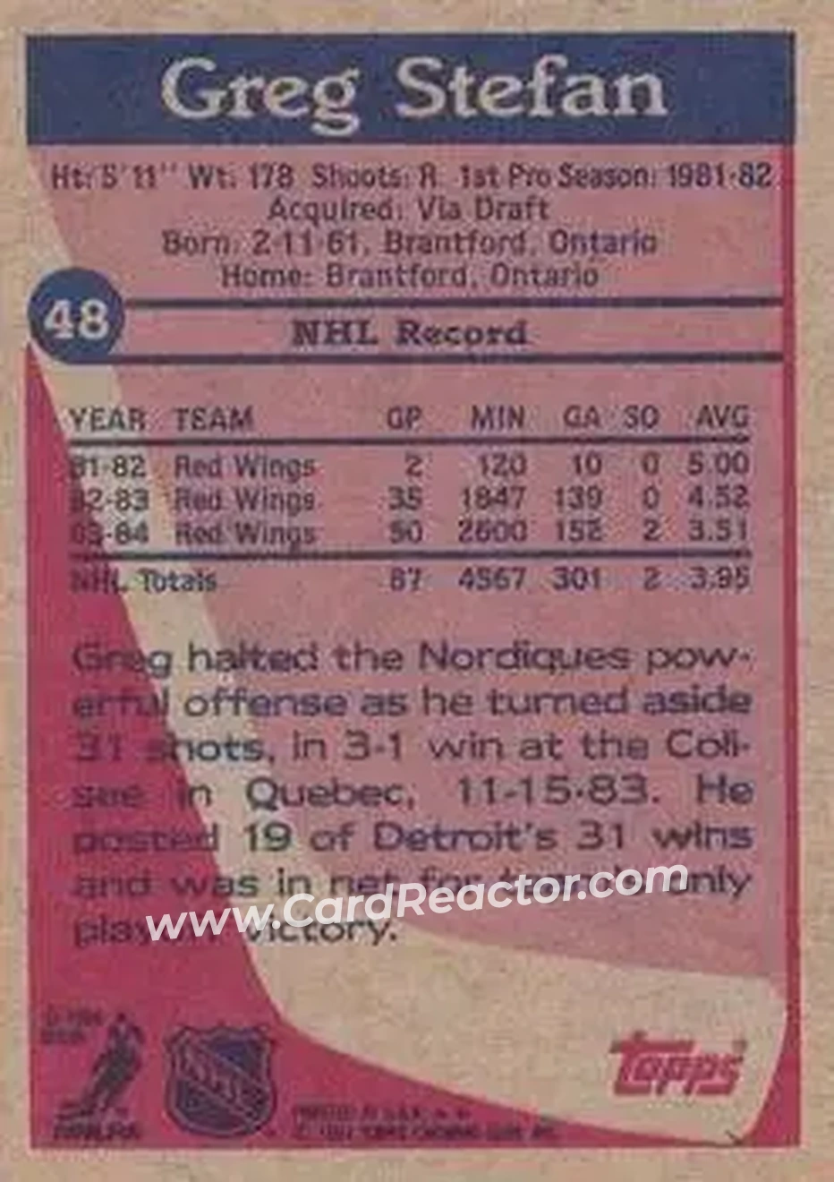 1984-85 Topps #48 - Greg Stefan - Detroit Red Wings - Back
