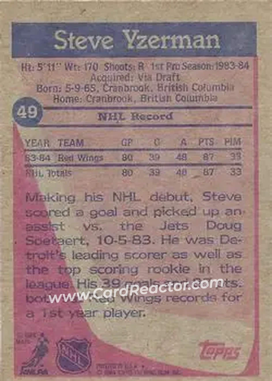1984-85 Topps #49 - Steve Yzerman - Detroit Red Wings - Back