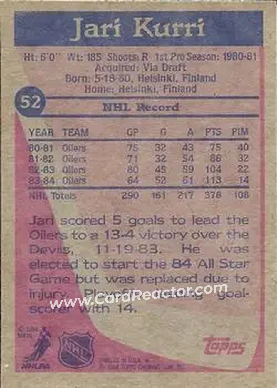 1984-85 Topps #52 - Jari Kurri - Edmonton Oilers - Back 1984-85 Topps #52 - Jari Kurri - Edmonton Oilers - Back