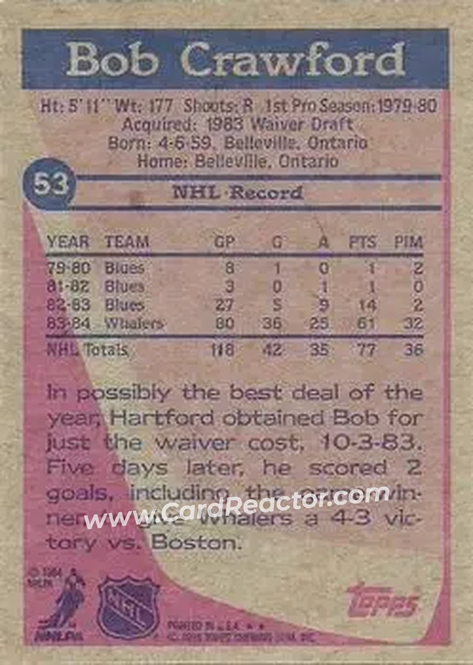 1984-85 Topps #53 - Bob Crawford - Hartford Whalers - Back 1984-85 Topps #53 - Bob Crawford - Hartford Whalers - Back