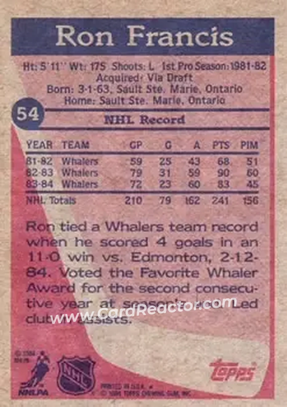 1984-85 Topps #54 - Ron Francis - Hartford Whalers - Back