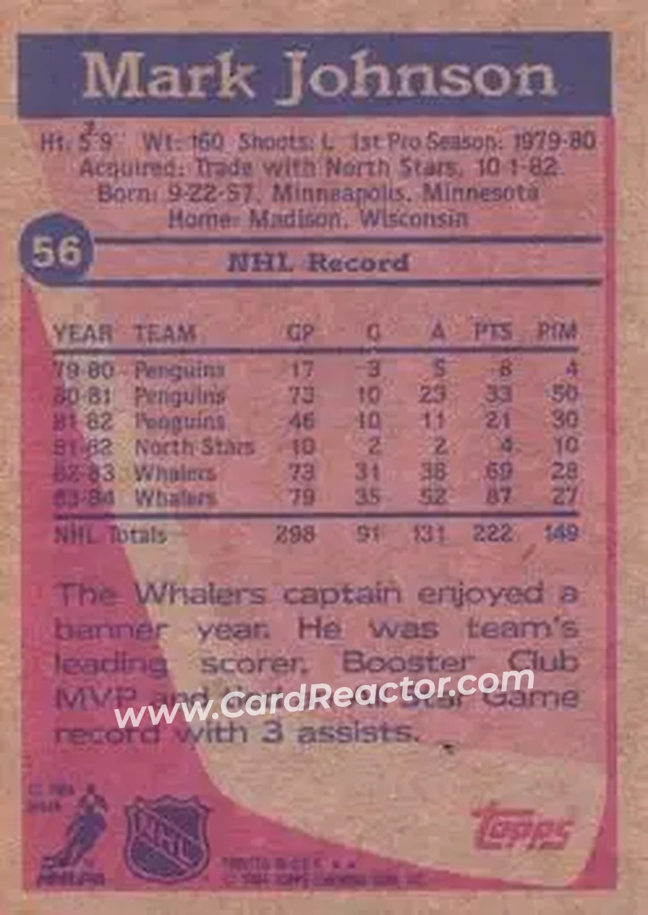 1984-85 Topps #56 - Mark Johnson - Hartford Whalers - Back 1984-85 Topps #56 - Mark Johnson - Hartford Whalers - Back