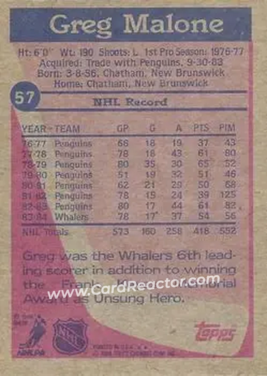 1984-85 Topps #57 - Greg Malone - Hartford Whalers - Back 1984-85 Topps #57 - Greg Malone - Hartford Whalers - Back