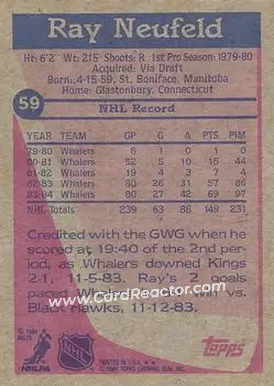 1984-85 Topps #59 - Ray Neufeld - Hartford Whalers - Back
