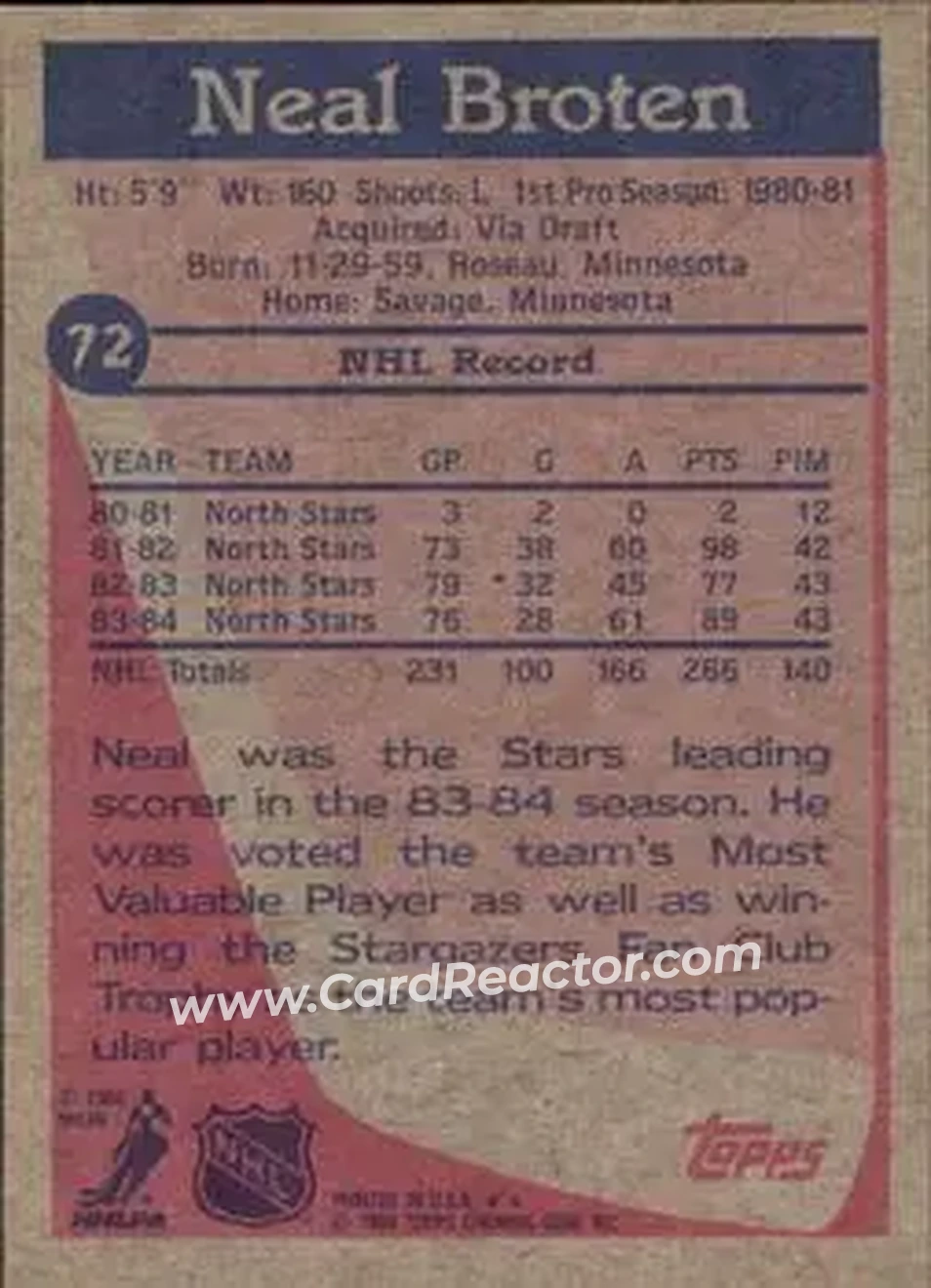 1984-85 Topps #72 - Neal Broten - Minnesota North Stars - Back 1984-85 Topps #72 - Neal Broten - Minnesota North Stars - Back