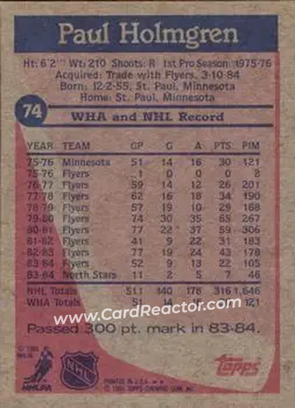 1984-85 Topps #74 - Paul Holmgren - Minnesota North Stars - Back 1984-85 Topps #74 - Paul Holmgren - Minnesota North Stars - Back