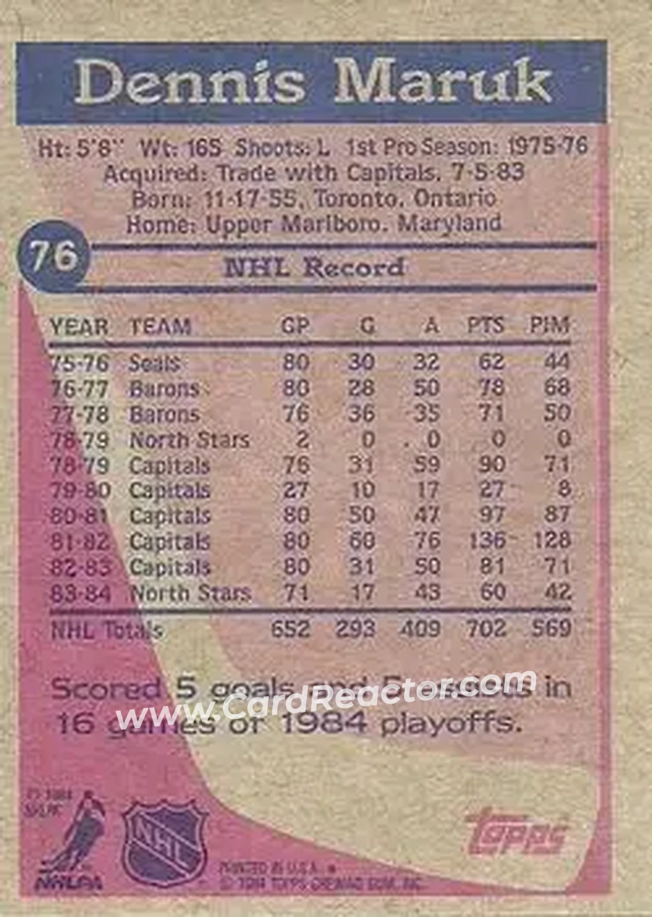 1984-85 Topps #76 - Dennis Maruk - Minnesota North Stars - Back