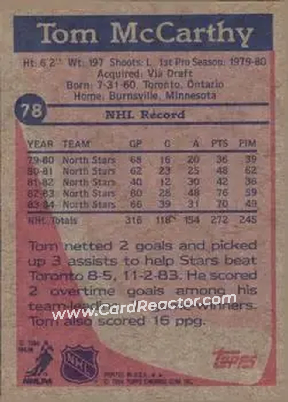 1984-85 Topps #78 - Tom McCarthy - Minnesota North Stars - Back 1984-85 Topps #78 - Tom McCarthy - Minnesota North Stars - Back