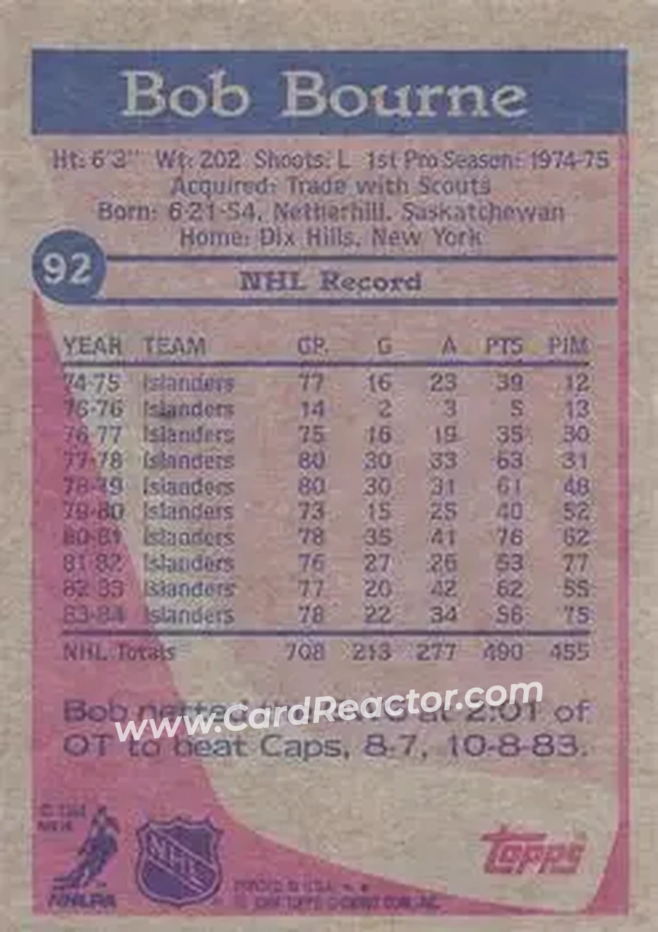 1984-85 Topps #92 - Bob Bourne - New York Islanders - Back