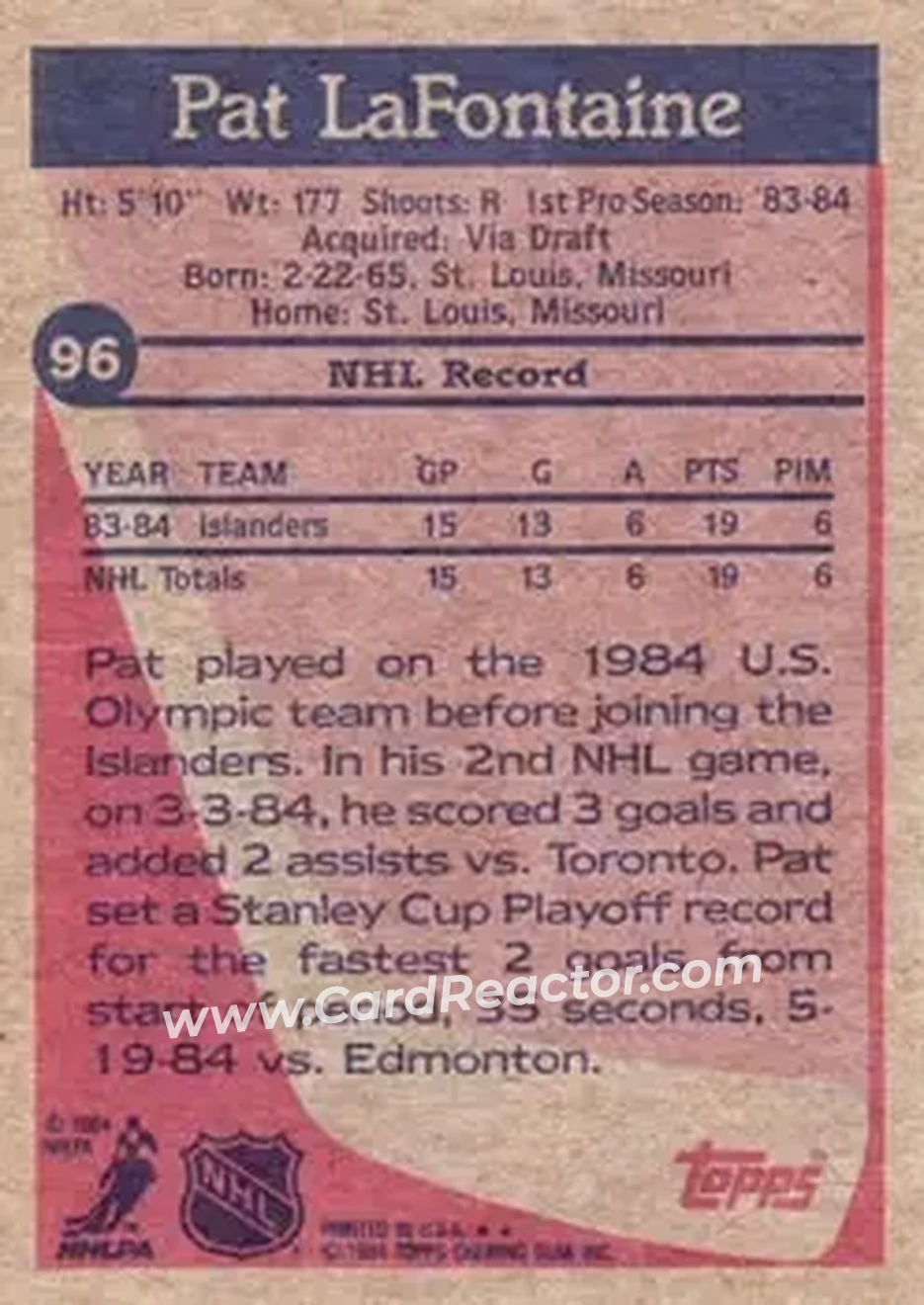 1984-85 Topps #96 - Pat LaFontaine - New York Islanders - Back 1984-85 Topps #96 - Pat LaFontaine - New York Islanders - Back