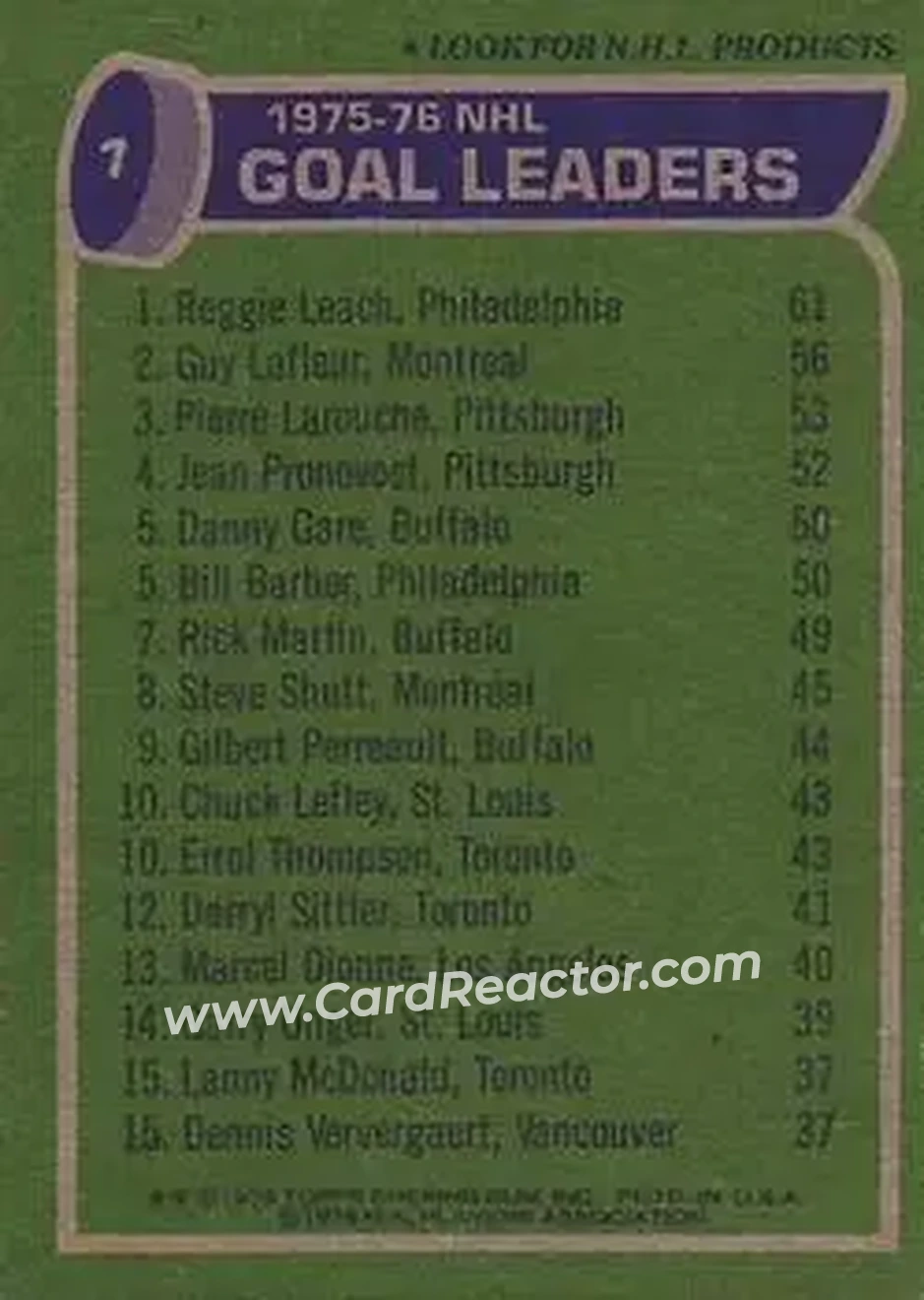1976-77 Topps #1 - '75-'76 Leaders: Goals (Reggie Leach - Guy Lafleur - Pierre Larouche) LL - Philadelphia Flyers - Montreal Canadiens - Pittsburgh Penguins - Back 1976-77 Topps #1 - '75-'76 Leaders: Goals (Reggie Leach - Guy Lafleur - Pierre Larouche) LL - Philadelphia Flyers - Montreal Canadiens - Pittsburgh Penguins - Back
