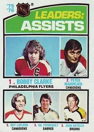 1976-77 Topps #2 - '75'-76 Leaders: Assists (Bobby Clarke - Peter Mahovlich - Guy Lafleur - Gil Perreault - Jean Ratelle) LL - Philadelphia Flyers - Montreal Canadiens - Buffalo Sabres - Boston Bruins 1976-77 Topps #2 - '75'-76 Leaders: Assists (Bobby Clarke - Peter Mahovlich - Guy Lafleur - Gil Perreault - Jean Ratelle) LL - Philadelphia Flyers - Montreal Canadiens - Buffalo Sabres - Boston Bruins