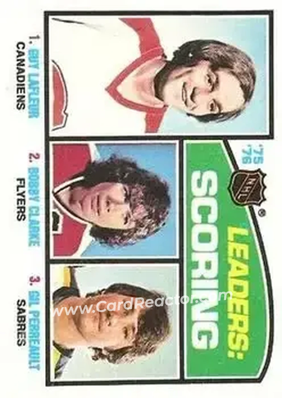 1976-77 Topps #3 - '75'-76 Leaders: Scoring (Guy Lafleur - Bobby Clarke - Gilbert Perreault) LL - Montreal Canadiens - Philadelphia Flyers - Buffalo Sabres - Front