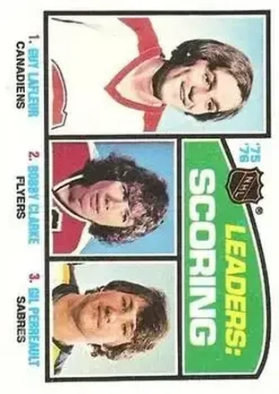 1976-77 Topps #3 - '75'-76 Leaders: Scoring (Guy Lafleur - Bobby Clarke - Gilbert Perreault) LL - Montreal Canadiens - Philadelphia Flyers - Buffalo Sabres 1976-77 Topps #3 - '75'-76 Leaders: Scoring (Guy Lafleur - Bobby Clarke - Gilbert Perreault) LL - Montreal Canadiens - Philadelphia Flyers - Buffalo Sabres