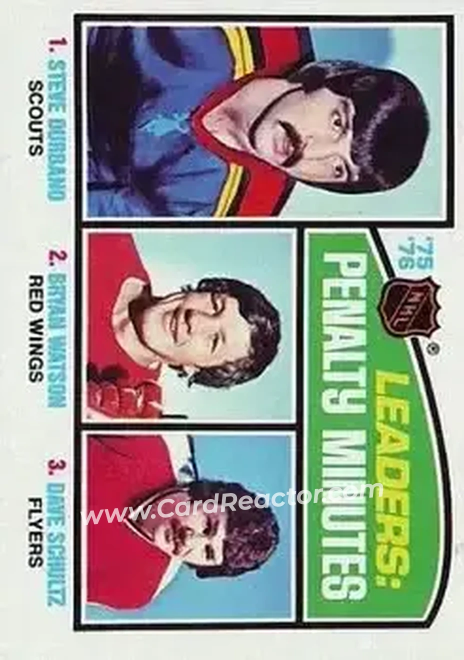 1976-77 Topps #4 - '75'-76 Leaders: Penalty Minutes (Steve Durbano - Bryan Watson - Dave Schultz) LL - Kansas City Scouts - Detroit Red Wings - Philadelphia Flyers - Front