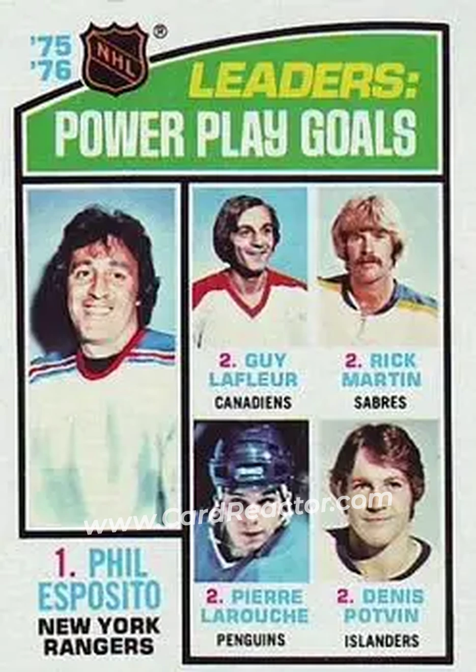 1976-77 Topps #5 - '75'-76 Leaders: Power Play Goals (Phil Esposito - Guy LaFleur - Rick Martin - Pierre Larouche - Denis Potvin) LL - New York Rangers - Montreal Canadiens - Buffalo Sabres - Pittsburgh Penguins - New York Islanders - Front